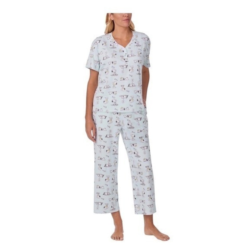 Peanuts Snoopy Pajamas Set Women 2XL Aqua Blue New 2pc Button Down Sleepwear